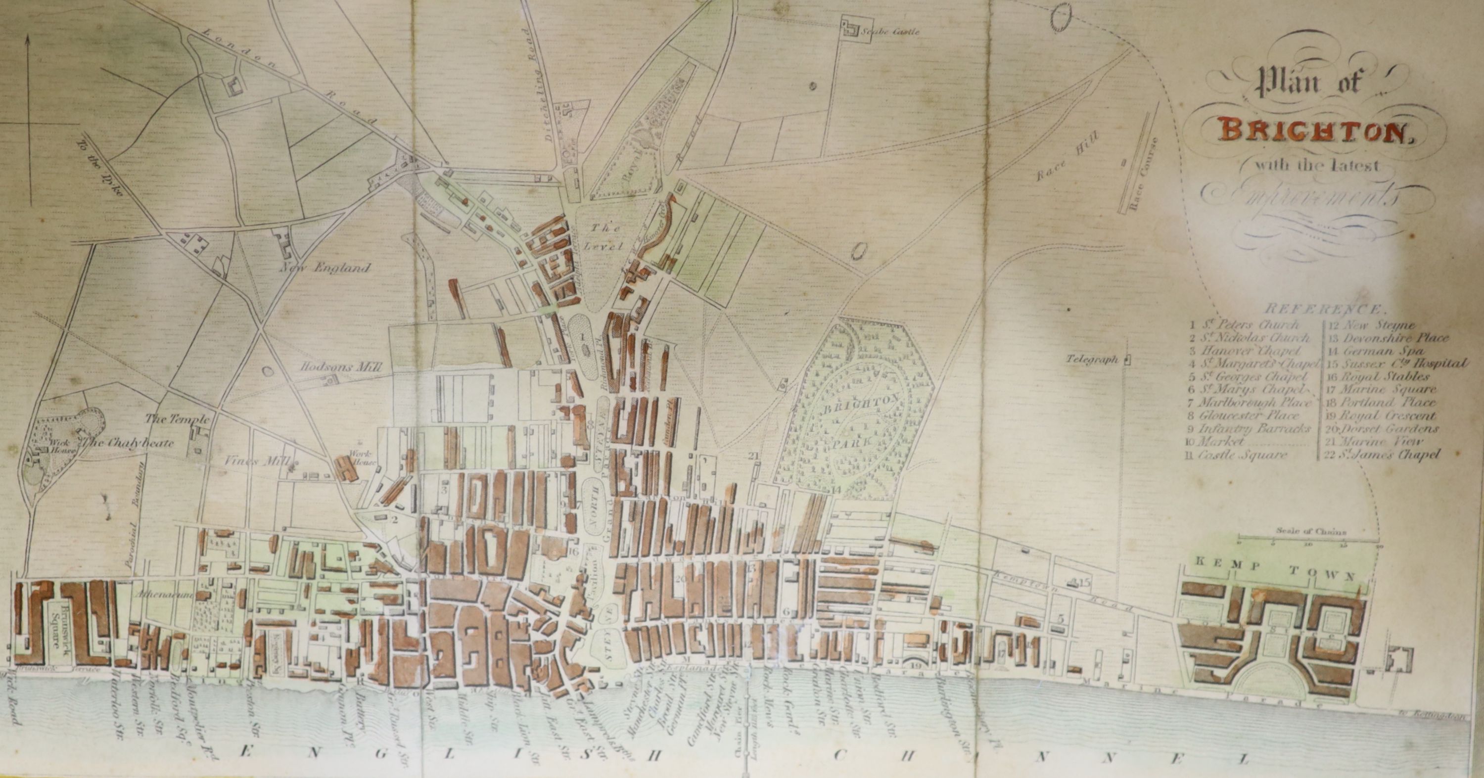 John Seller, coloured engraving, A chart of the sea coasts of Brazil, 13 x 15cm and two Map of Brighton, 12 x 17cm